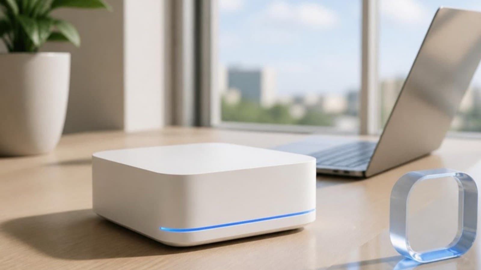 Concept render of a white Blu Box with a blue light line, on an office desk beside a laptop