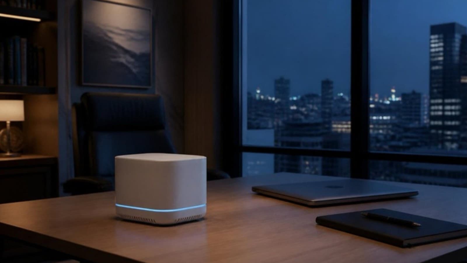 Blu Box on an office desk at dusk