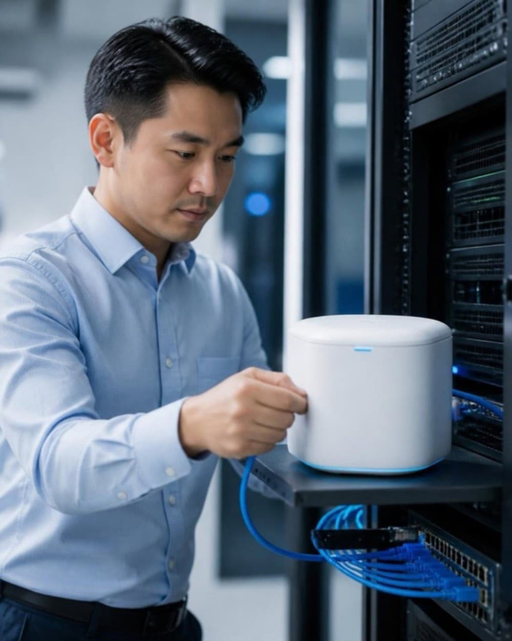 An OceanBlu engineer setting up a Blu Box on a client's network