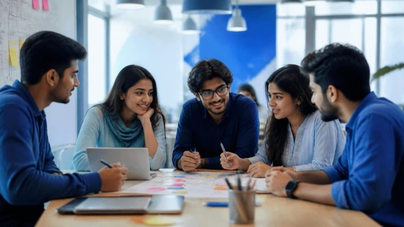 University students working together around a table