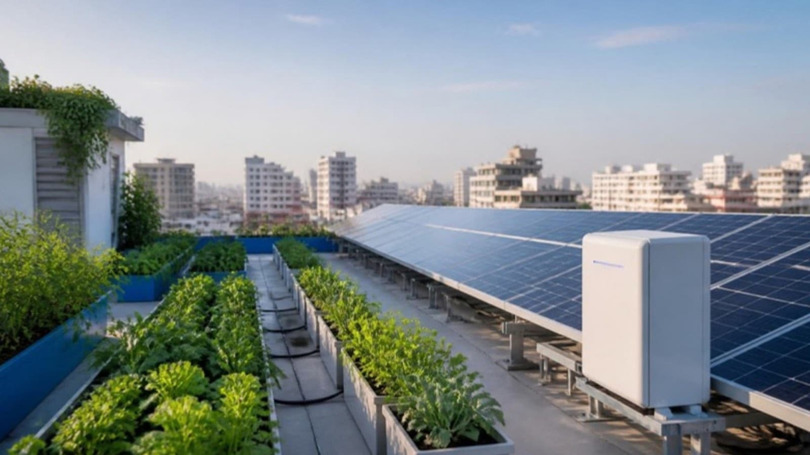 Concept image: solar panels beside planters with a drip line on a Dhaka rooftop under a clear sky